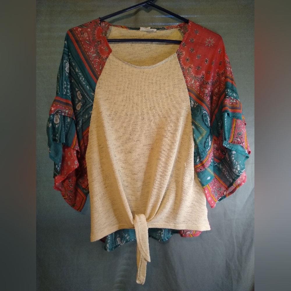 La Miel Boho Knit Top with Patterned Sleeves